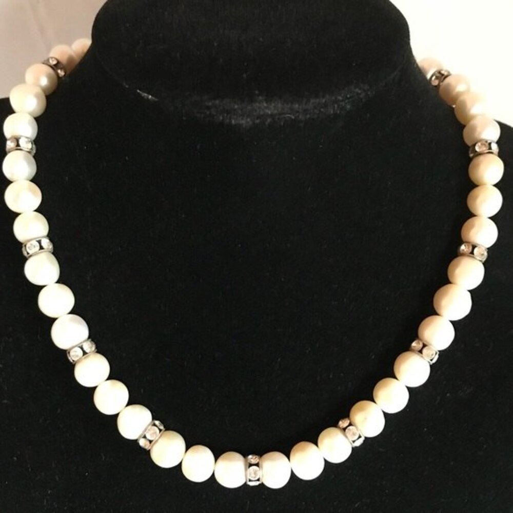 Vintage Handmade Pearl & Rhinestone Spacer Strand Necklace Silver Clasp 15 Inch